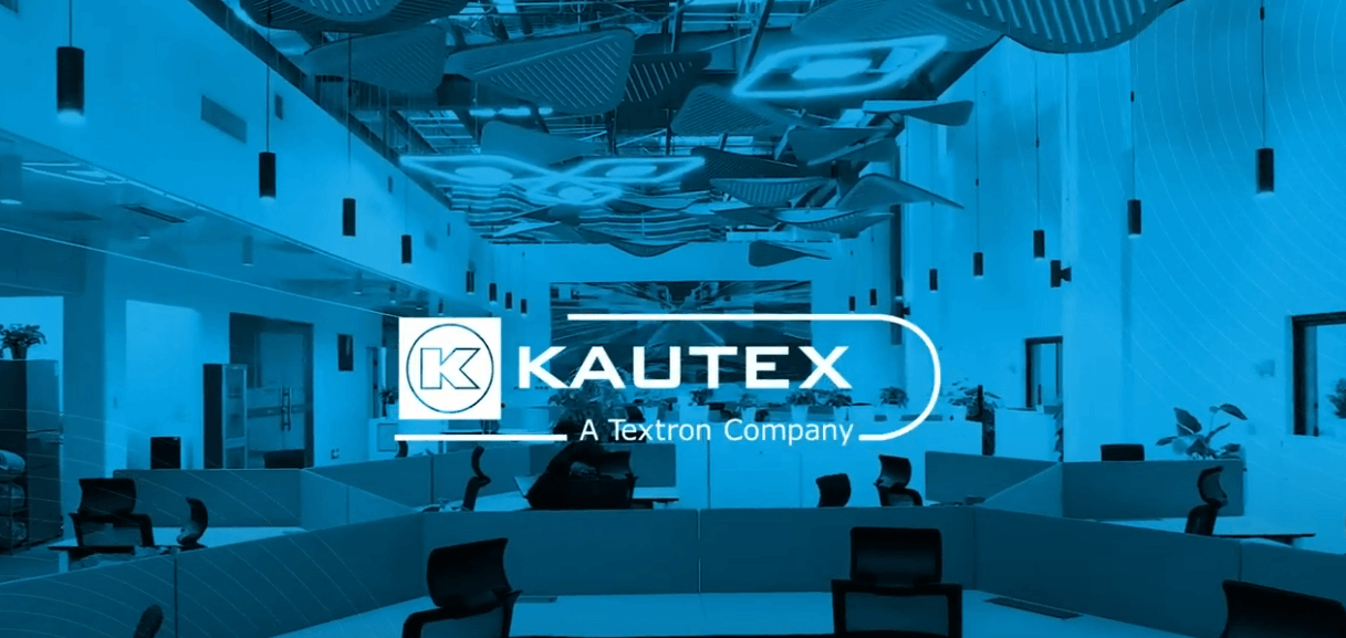 Kautex logo on a blue screen; overview of an office